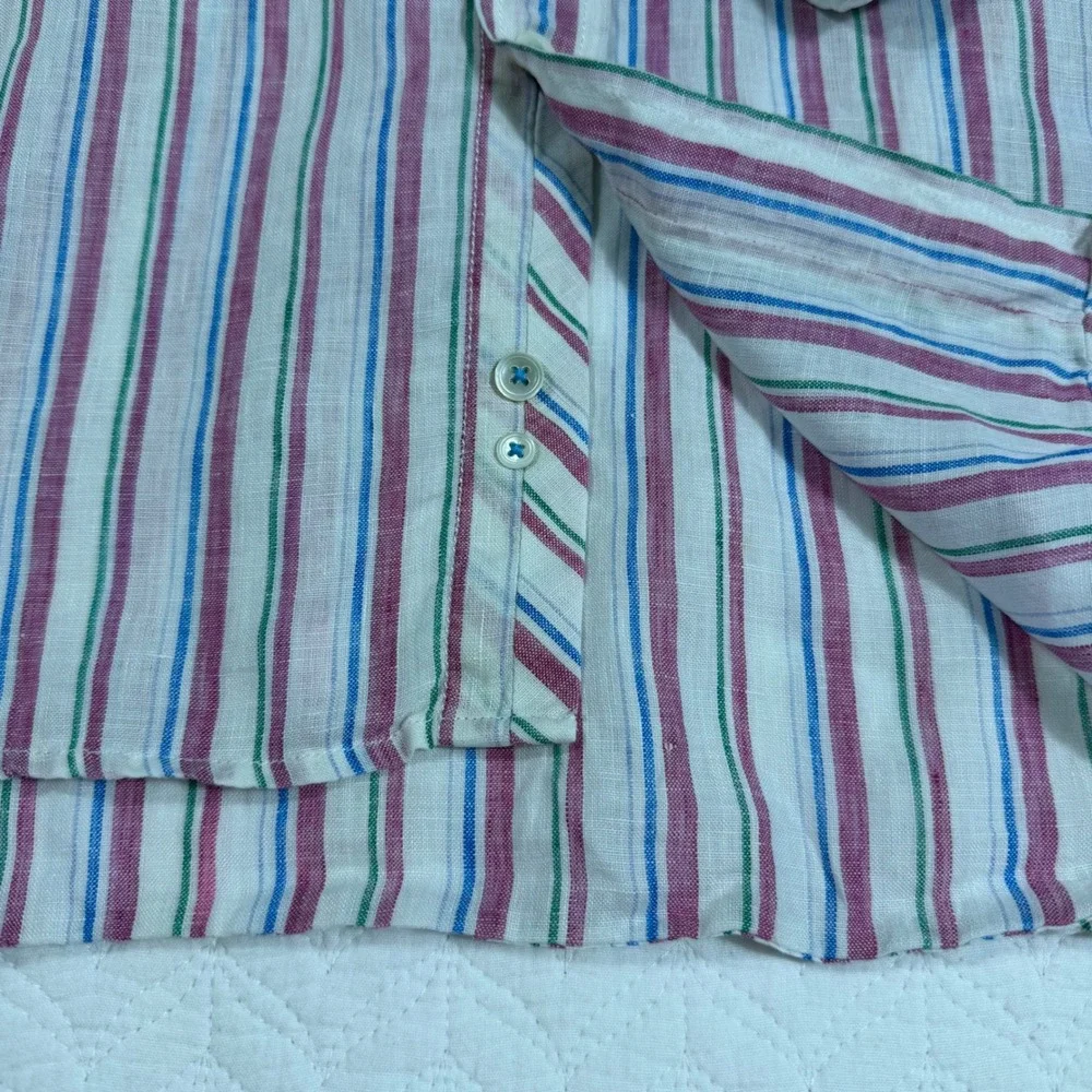 Façonnable Club Button Up Shirt Mens L Stripe 100% Linen‎ Elbow Patch Preppy EUC
